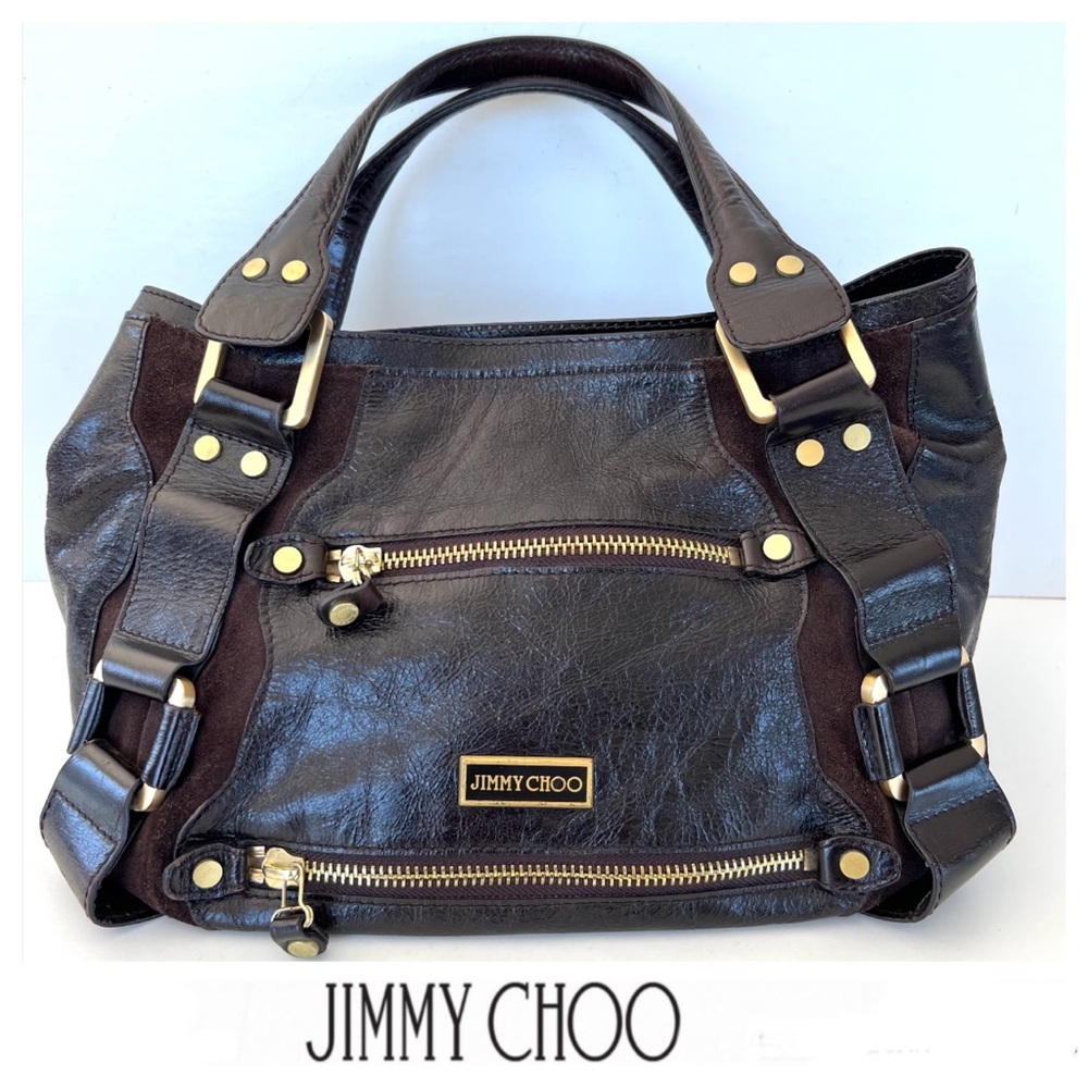 JIMMY CHOO Mahala Brown Leather Suede Gold Hardware Shoulder Bag Satchel Tote.
